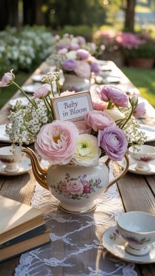 An elegantly styled traditional afternoon tea table setting for a baby shower — illustrative of baby shower celebrations and private events at Weir Bank Estate, Bray-on-Thames, Berkshire.